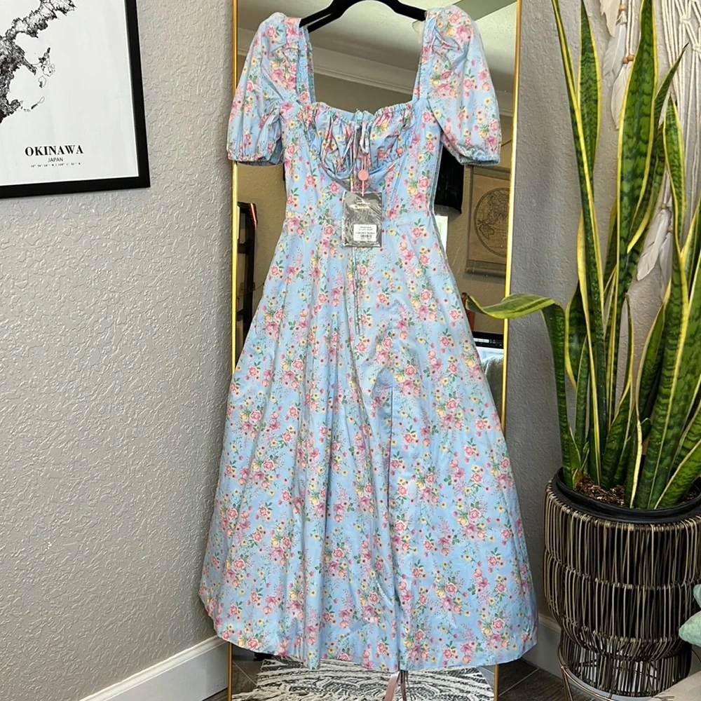 House of CB Tallulah Blue Vintage Floral Puff Sleeve Midi Dress NWT - Picture 6 of 10